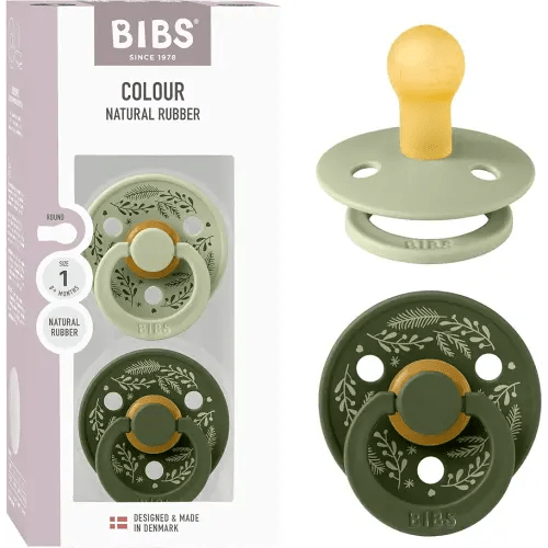 BIBS Colour Holiday Pacifier 2-Pack, BPA Free Pacifier, Round Nipple. Natural Rubber Latex, Made in Denmark, Size 1 (0-6 Months), Sage/Hunter Green