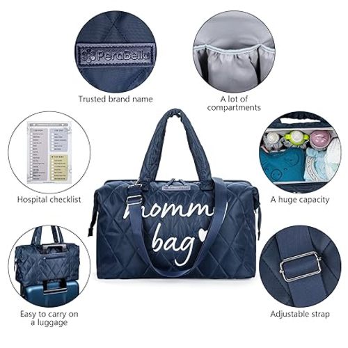 PeraBella Mommy Bag for Hospital, Mom Bag Diaper Bag Tote, Mommy Hospital Bag, Maternity Bag for Hospital, Baby Shower Momma Diaper Bag - Blue Handwritten