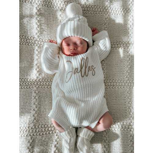 Keepsake Embroidered Knit Oversized Sweater Romper- Personalized Newborn Name Chunky Sweater Romper Baby Infant