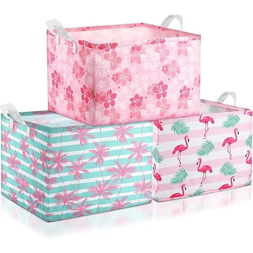 Geelin 3 Pcs Pink Flamingo Baskets Summer Flamingo Storage Basket for Gifts Collapsible Rectangular Waterproof Canvas Cute Storage Bin Organizer with Handles for Book Closet Shelf Nursery Decor
