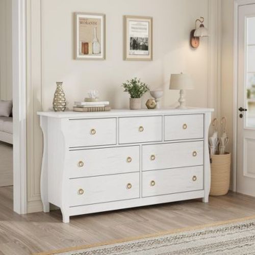7-Drawer Dresser - Tall Boho Dresser with Curved Legs, Rattan Accents, and Freestanding Storage for Living Room, Bedroom, Entryway, or Balcony, White