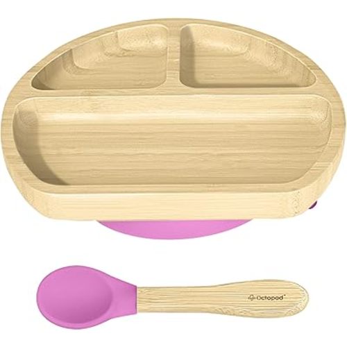 Abiie Octopod Bamboo Dish - Kids Plates for 4 months and up, 3-Compartment Baby Plates with Suction, Triangle Bamboo Baby Plate, Mess-Free Toddler Suction Plates, Baby Feeding Supplies, 8.3x1.9x7.7 in