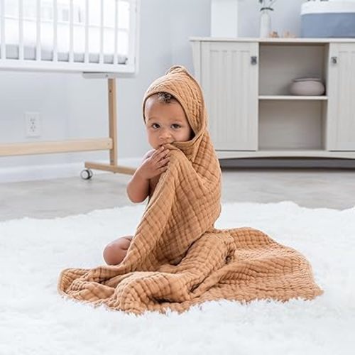 Comfy Cubs 2 Pack Baby Hooded 9 Layer Muslin Cotton Towel for Kids, Large 32” x 32”, Ultra Soft, Warm, and Absorbent Baby Essentials Bath Towels, Cute Unisex Cover for Girls and Boys (2 Pack, Caramel)