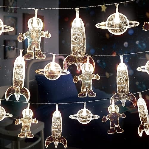 AceList 20 LED Children's Room LED String Lights Astronaut Spaceship Rocket UFO Pendants Light String Holiday Party Lights Wall Window Tree Decorative Lights(Light Warm White)