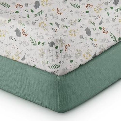 Muslin Pack n Play Sheets| 24"x 38", 100% Cotton Mini Crib Fitted Cover Sheet, Fit for Graco Pack n Play and Other 27" x 39" Playard Mattress, Neutral Color for Baby, 2 Pack Roman Green