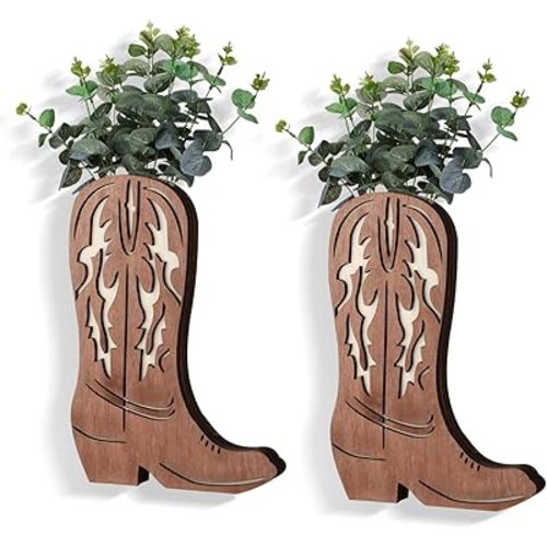 Havawish 2 Pcs Modern Farmhouse Decor Wood Cowboy Boots Wall Planter for Indoor Plants 12 x 8'' Cowboy Boot Flower Hanging Vase for Flower Faux Wood Wall Decor for Bathroom Bedroom(Retro Style)