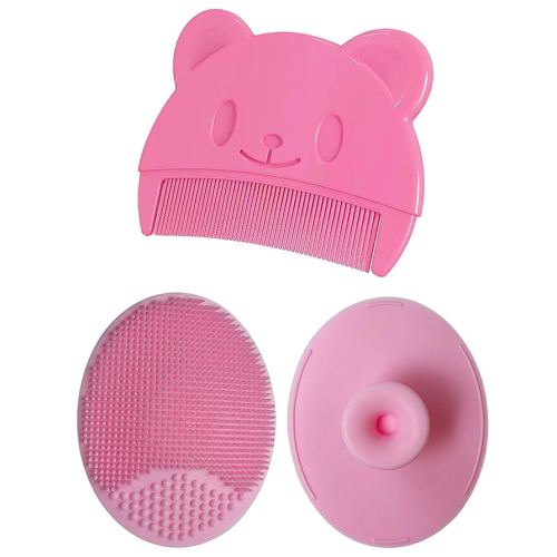 Baby Bath Brush, Baby Cradle Cap Brush, Silicone Massage Brush, Baby Comb, Children's Comb（3pcs） (Pink)