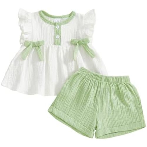 Toddler Girl Clothes Baby Summer Spring Outfits Cute Bow Button Smocked Ruffle Sleeve Tops ＋ Girls Shorts Set