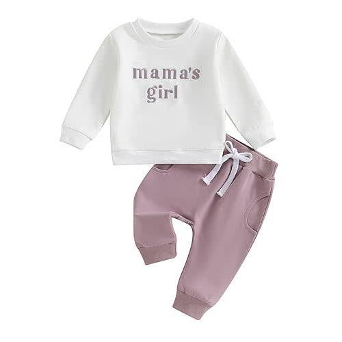 Kupretty Toddler Baby Girl Fall Winter Clothes Embroidered Letter Graphic Crewneck Sweatshirt + Joggers Pants Outfits Set