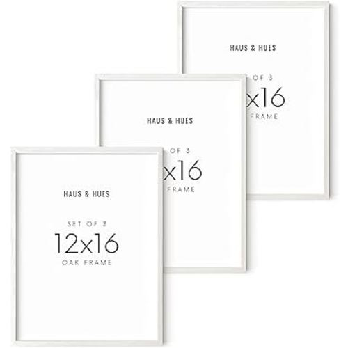 Haus and Hues Set of 3 12x16 White Frames - Picture Frames 12x16 White Gallery Wall Frame Set, 12 by 16 White Frame Gallery Photo Frame Set,12 x 16 Frame Wood White Picture Frame Set (White Oak Frame)
