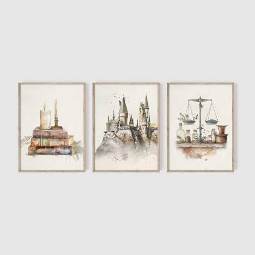 Wizard Neutral Nursery Set of 3, Wizarding Baby Decor, Castle Wall Art, Book Prints, Fan Nursery Decor, Baby Shower Gift #2