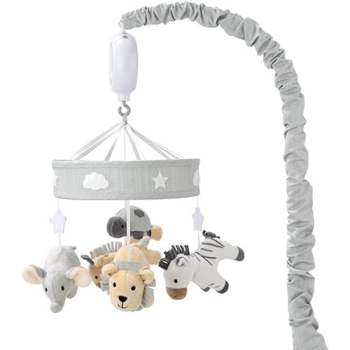 The Peanutshell Crib Mobile for Boys or Girls - Grey Musical Baby Crib Mobile with 12 Lullabies, Lion, Elephant, Zebra, Safari Plush Toys Hanging, Infant Baby Mobile Crib, Safari Nursery Decor