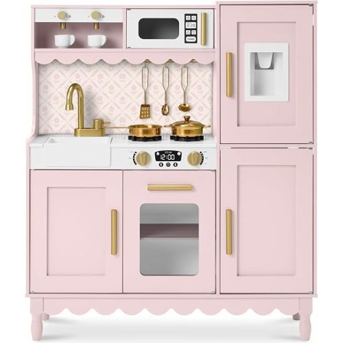 Best Choice Products Play Kitchen for Kids, Cottage Style Kids Kitchen Playset for Toddlers, Pretend Play Toy Kitchen w/ 11Pcs, Espresso Machine, Microwave, Oven, Refrigerator w/Ice - Pink