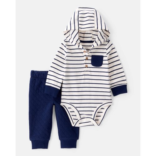 Striped Hooded Long-Sleeve Bodysuit Pant Set - White/Navy -9M