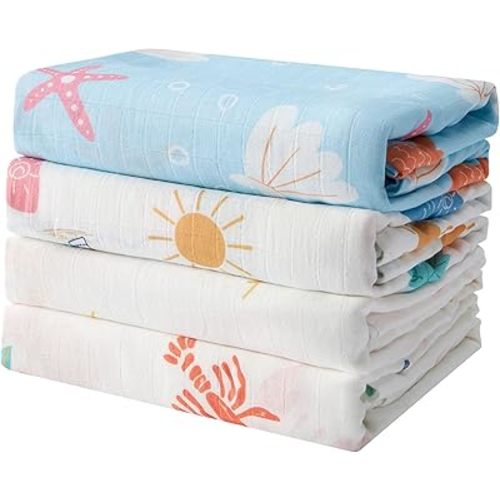 Muslin Swaddle Blankets for Newborn, 4-Pack Breathable Receiving Baby Blanket, Large 47 x 47 Inches Swaddling Wrap for Boys and Girls (Ocean Adventure)