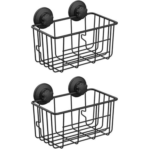SANNO Suction Cup Shower Caddy Basket for Shampoo Combo Organizer Bathroom Basket Stainless Steel Holder for Bathroom Storage, Black