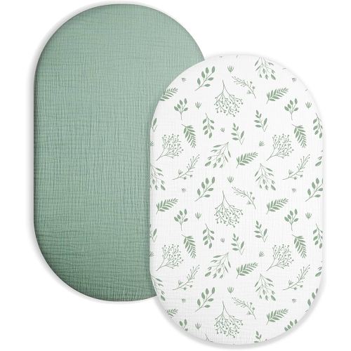 Bassinet Sheet for Baby Boy and Girl 2 Pack, Fitted Sheets for Rectangle, Oval, Hourglass Bassinet Mattress, Muslin Moses Basket Sheets with Neutral Style (Fern Leaf & Sage)