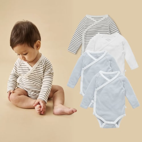 Long Sleeve Kimono Bodysuit 4 Pack Blue Stripe