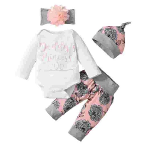 KIMI BEAR Newborn Baby Girl Outfits 3-6 Months Fall Winter Clothes Sets Letter Print Long Sleeves Romper Top Floral Pants Hat Headband 4PCS Pant Sets White