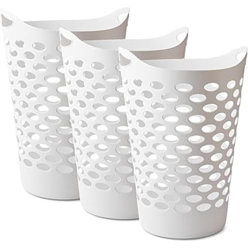 (3 pack) 2.2 bushel Flexible Laundry Basket,Tall plastic hamper for laundry storage, Bedroom, Portable Round Bin with Carry Handles, 17.75" x 17.25" x 26", White