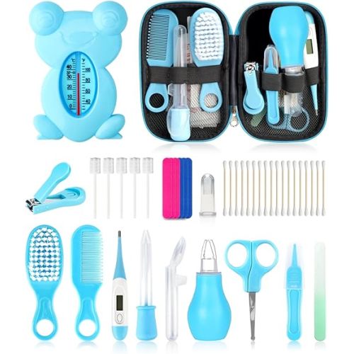 Baby Grooming and Healthcare Kit, Portable Baby Safety Care Set with Hair Brush Comb Nail Clipper Nasal Aspirator for Nursery Newborn Infant Girl Boy (25 in 1, Blue)