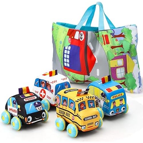 TOY Life Toddler Cars Pull Back Cars for Toddler Plush Car Toys for 2 Year Old Boy Softs Toy Cars for Baby Cars with Map Toddler Car Toys Soft Plush Toys for Toddler Pull Back Truck Infant Boy Toys