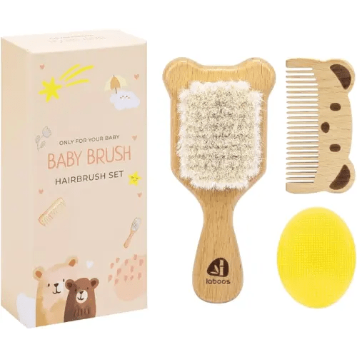 Baby Hair Brush and Comb Set for Newborns & Toddlers - Wooden Handle and Natural Soft Goat Bristles,Gentle Cradle Cap Care,Baby Massage and Scalp Brush,Ideal Baby Registry Gift,Beech with Cute Bear