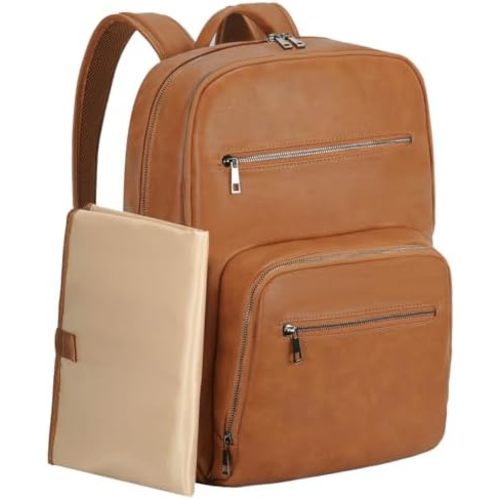 VASCHY Diaper Bag Backpack for Mum Dad, Unisex Large Waterproof Vegan Leather Baby Bag with Changing Pad,Insulated Pockets,Padded Laptop Sleeve for Travel,Brown
