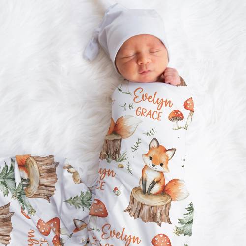 Personalized Fox Swaddle Blanket Mushroom Name Baby Blanket Newborn Baby Girl Coming Home Outfit Hospital Photo Outfit Baby Shower Gift