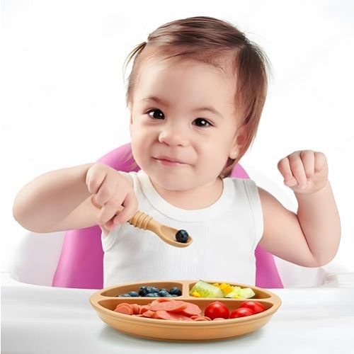 PandaEar 3 Pack Toddler Plates with 3 Spoons, 100% Silicone Divided Suction Plate for Babies, BPA-Free, Dishwasher and Microwave Safe -Pink/Brown/Brick red