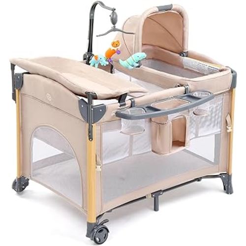 JOYMOR 7 in 1 Bedside Bassinet with Changing Table, All in One Nursery Center, Bedside Sleeper with Mattress, Sheet, Canopy, Storage Shelf and Hanging Toy (Beige)