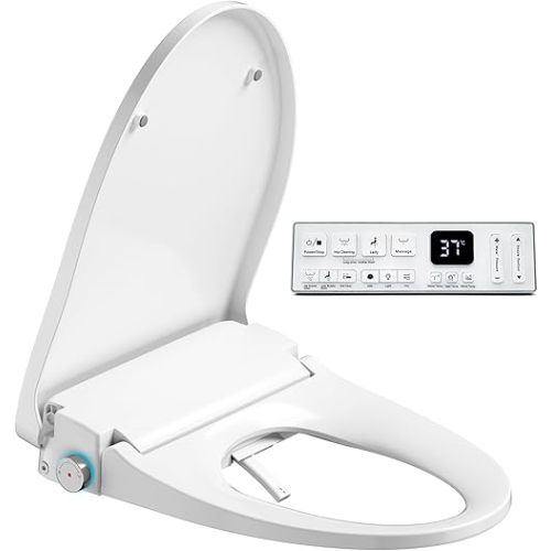 Electric Heated Bidet Warmer Water Toilet Seat with Heated Seat for Elongated, Warm Air Dryer, Endless Warmer Water, Remote Control, Curved Spray Bar, 70" Power Cord, Clean Water
