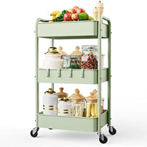 LEHOM 3 Tier Rolling Storage Cart, Metal Trolley Utility Cart with Wheels & Hooks, Easy Assembly Organizer Storage Cart for Bathroom Kitchen Office Bedroom