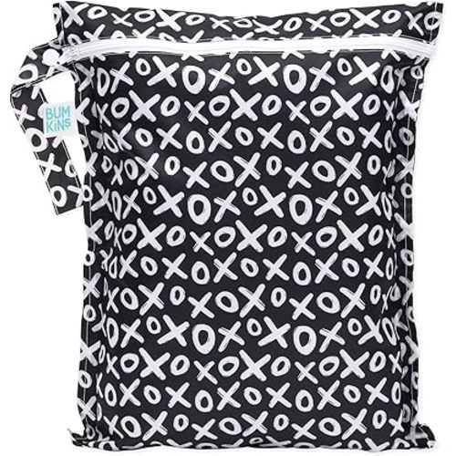 Bumkins Waterproof Wet Bag for Baby, Travel, Swim Suit, Cloth Diapers, Pump Parts, Pool, Gym Clothes, Toiletry, Strap to Stroller, Daycare, Zipper Reusable Bag, Wetdry Packing Pouch, XOXO Black