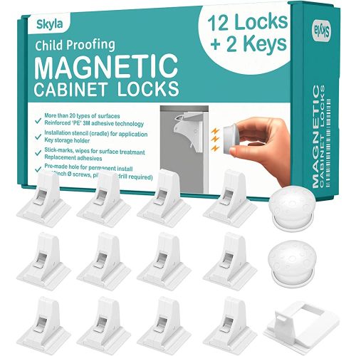 Magnetic Cabinet Locks (12-Pack 2 Keys) Baby Proofing & Child Safety by Skyla Homes - The Safest, Quickest and Easiest Multi-Purpose 3M Adhesive Child Proof Latches, No Screws or Tools Needed