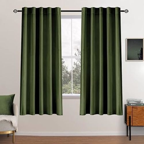 MIULEE Velvet Curtains 63 inch Length 2 Panels - Luxury Blackout Curtains for Bedroom Living Room Thermal Insulated Super Soft Window Drapes Back Tab, Olive Green, W52 x L63 inches