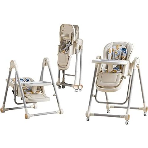 5 in 1 Baby High Chair Swings for Infants Soothes to Sleep Reclining Foldable Rocking 8 Level Height Adjustment Eco Friendly Washable PU Cushion Baby Feeding Chair(White)