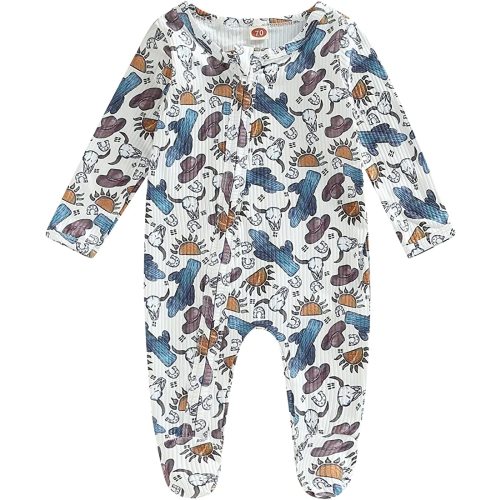 Newborn Baby Boy Girl One Piece Footies Ribbed Zipper Romper Jumpsuit Long Sleeve Cow Print Outfit Western Clothes