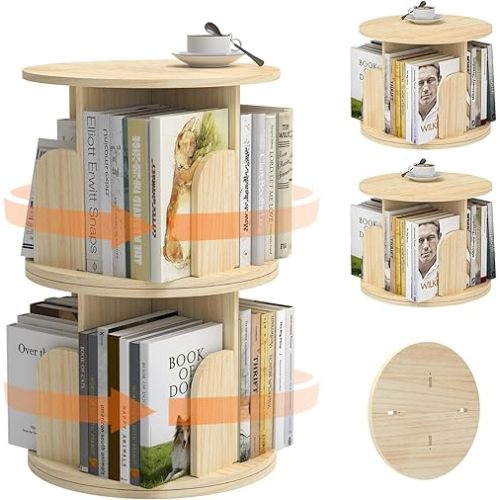 Kids Rotating Bookshelf, 2 Tier Rotating Small Corner Bookshelf for Small Spaces, Two Pieces of 1 Tier 360 Desktop Bookcase Storage Rack, Wood Narrow Book Shelf Organizer for Bedroom, Living Room