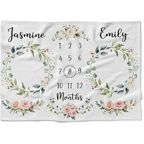 MDPrints Personalized Twin Milestone Blanket, Custom Monthly Baby Blankets with Name for Boys and Girls, 30x40 & 50x60inch Soft Plush Fleece (White)