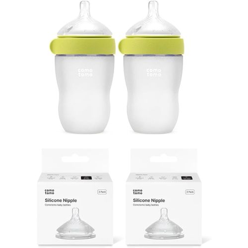 Silicone Baby Bottle Feeding Bundle – Comotomo Gen 2 8oz Anti Colic Baby Bottle Set (Green) + Fast Flow & Variable Flow Replacement Nipples – Breast Like Silicone Bottle System