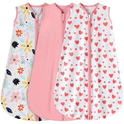3 Pack Baby Sleep Sack 0-6 Months 100% Rayon Cotton Wearable Blanket, 2-Way Zipper for Easy Diaper Change, Soft Lightweight TOG 0.3, Heart Pink Floral Design