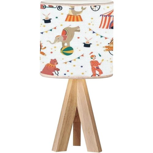 Tripod Bedside Desk Table Lamp Circus Show Seamless Funny Carnival Amusement Cute Cartoon Trained Wood Nightstand Lamp with Linen Fabric Shade for Nursery Bedroom Living Room Kids Room