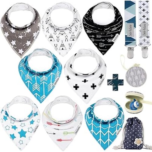 Dodo Babies Bandana Drool Bib Set – Eight 100% Cotton Bibs with Soft Polyester Lining, 2 Pacifier Clips, Binky Case, Blue Gift Bag for Baby Girl or Boy Shower – Adjustable Snap Fit for 3-24 Months
