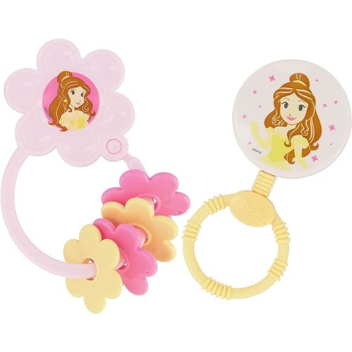 2 Pack Disney Princess Character Shape Rattle and Keyring Teether, Premium Toddler Birthday Toys, Infant Teething Toys, Great for Newborn Shower Gifts