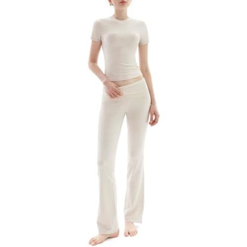 PUMIEY Women's 2 Piece Lounge Sets Short Sleeve Tops Fold-Over Flare Pants Casual Outfits Matching Set Nap Collection