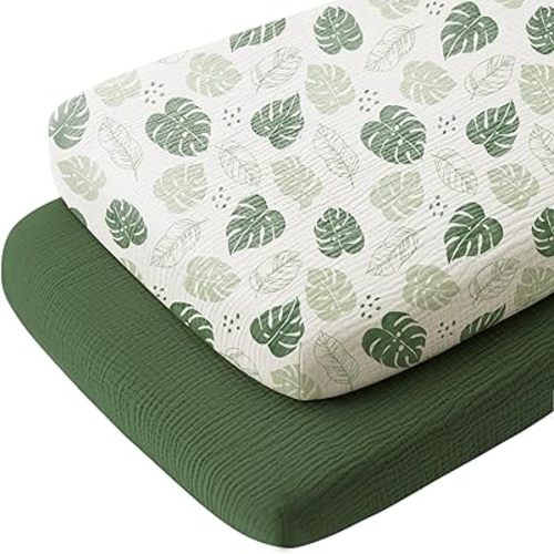 Konssy 2 Pack Muslin Bassinet Sheets 33" x 21", 100% Cotton Soft Bedside Sleeper Bassinet Sheets, Compatible with Baby Delight, Dream On Me, AMKE and Other Rectangle Mattress (Sage Green,Leaf)