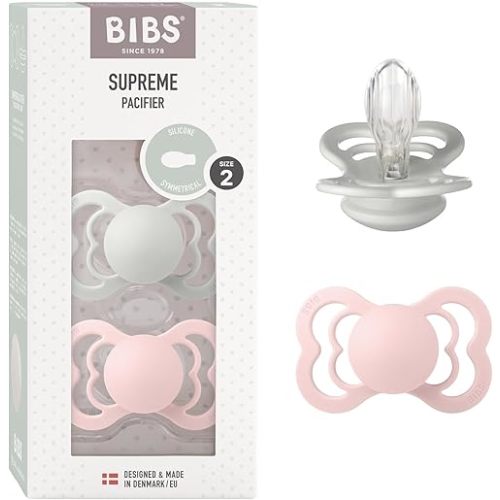 BIBS Supreme Baby Pacifier 2-Pack | Made in Denmark | BPA Free Dummy Soother, Symmetrical Nipple. Silicone, Size 2 (6-18 Months), Haze/Blossom