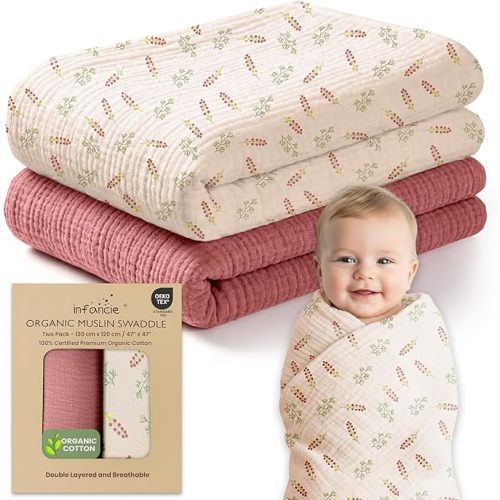 100% Organic Cotton Muslin Baby Blanket - 47x47 Inch Breathable Swaddle, Hypoallergenic Double-Layer, Versatile Use (Pink Floral, 47x47 Inch)
