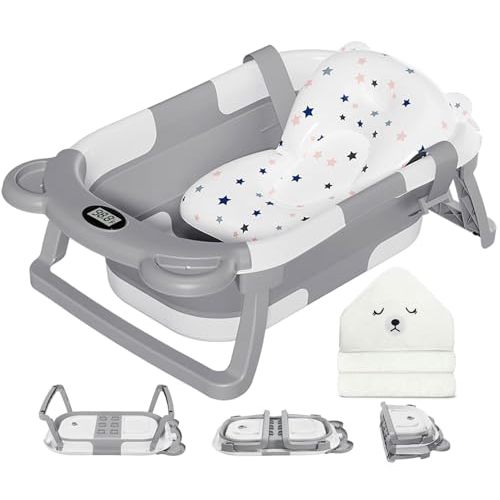 MoreFeel Collapsible Baby Bathtub for Newborn with Thermometer & 1 Hooded Towel & 1 Soft Floating Cushion,Portable Travel Bathtub with Drain Hole, Durable Foldable Baby Tubs for Infants to Toddler